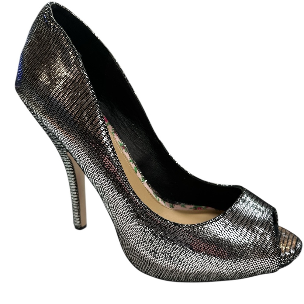 CeCe Lamour Black & Silver Shiny Metallic Open Toe 5” Stiletto Dressy Heels 9.5